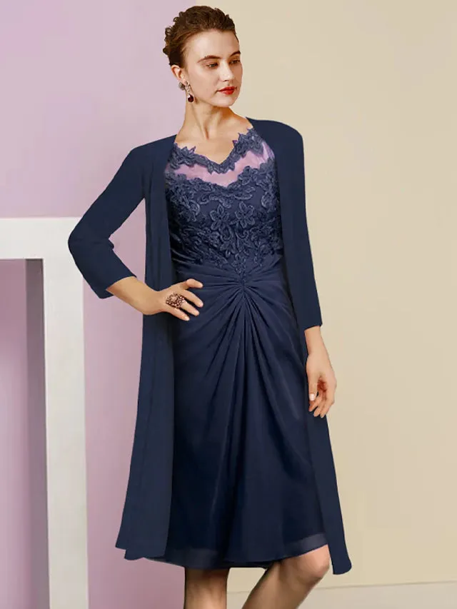 Luolandi Two Piece Sheath / Column Mother of the Bride Dress Formal Wedding Guest Vintage Elegant V Neck Knee Length Chiffon Lace Half Sleeve Jacket Dresses