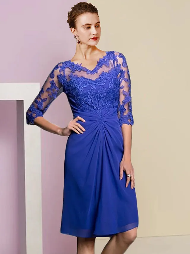 Luolandi Two Piece Sheath / Column Mother of the Bride Dress Formal Wedding Guest Vintage Elegant V Neck Knee Length Chiffon Lace Half Sleeve Jacket Dresses