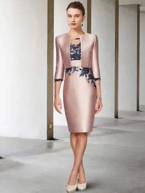 Luolandi Two Piece Sheath / Column Mother of the Bride Dress Wedding Guest Church Elegant Jewel Neck Knee Length Satin Lace 3/4 Length Sleeve Short Jacket Dresses with Appliques