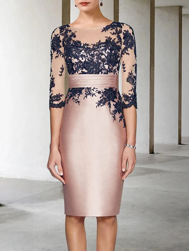 Luolandi Two Piece Sheath / Column Mother of the Bride Dress Wedding Guest Church Elegant Jewel Neck Knee Length Satin Lace 3/4 Length Sleeve Short Jacket Dresses with Appliques