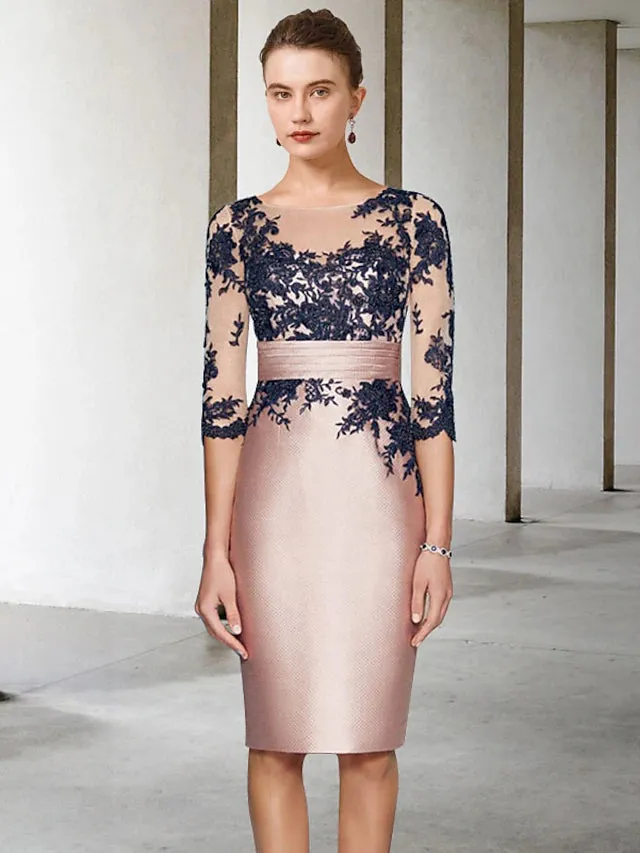 Luolandi Two Piece Sheath / Column Mother of the Bride Dress Wedding Guest Church Elegant Jewel Neck Knee Length Satin Lace 3/4 Length Sleeve Short Jacket Dresses with Appliques