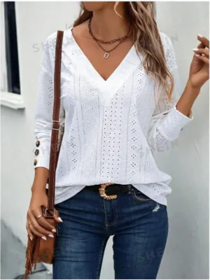 LVSANW White V-Neck Long Sleeve T-Shirt Women's Hollow Button Blouse Simple Elegant Autumn Office Lady Top