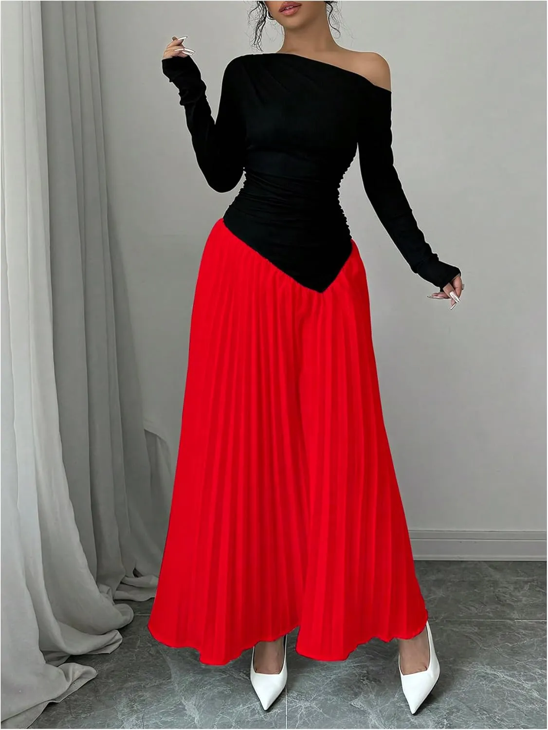 MakeMeChic Women's Elegant One Shoulder Ruched Maxi Dress Pleated Ruffle Hem Fit and Flare Dresses