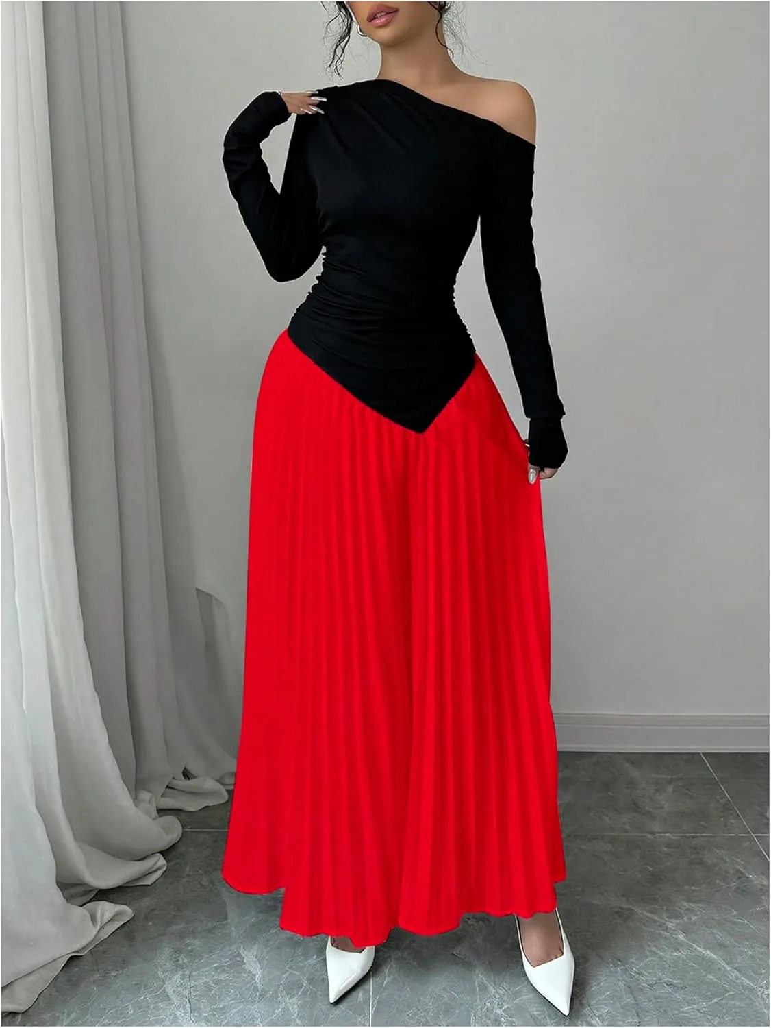 MakeMeChic Women's Elegant One Shoulder Ruched Maxi Dress Pleated Ruffle Hem Fit and Flare Dresses