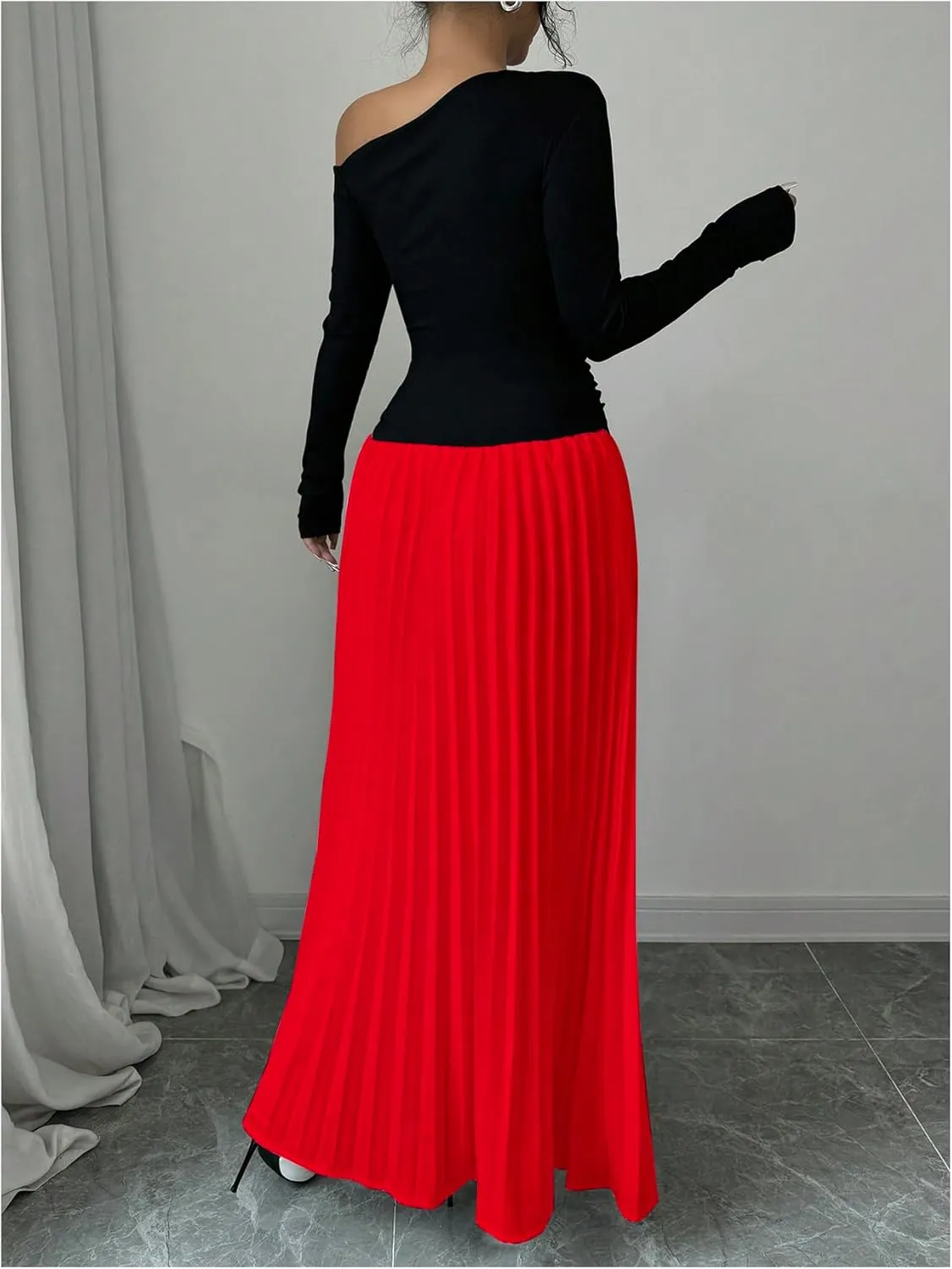 MakeMeChic Women's Elegant One Shoulder Ruched Maxi Dress Pleated Ruffle Hem Fit and Flare Dresses