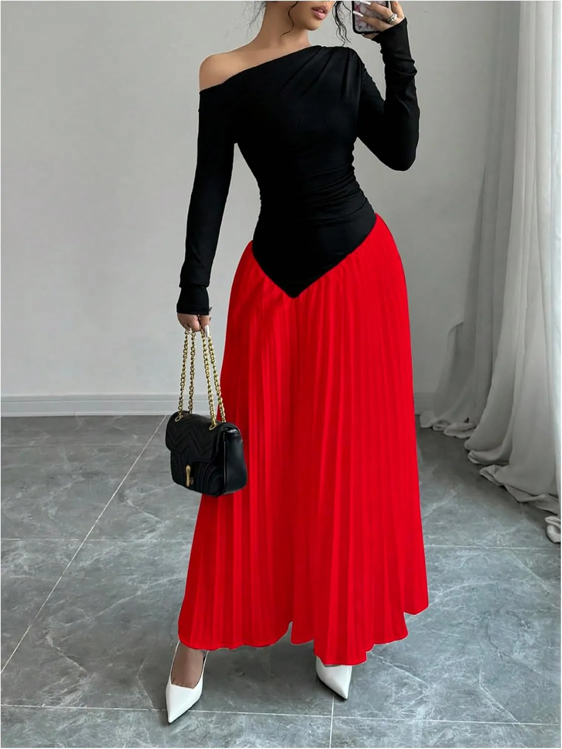 MakeMeChic Women's Elegant One Shoulder Ruched Maxi Dress Pleated Ruffle Hem Fit and Flare Dresses