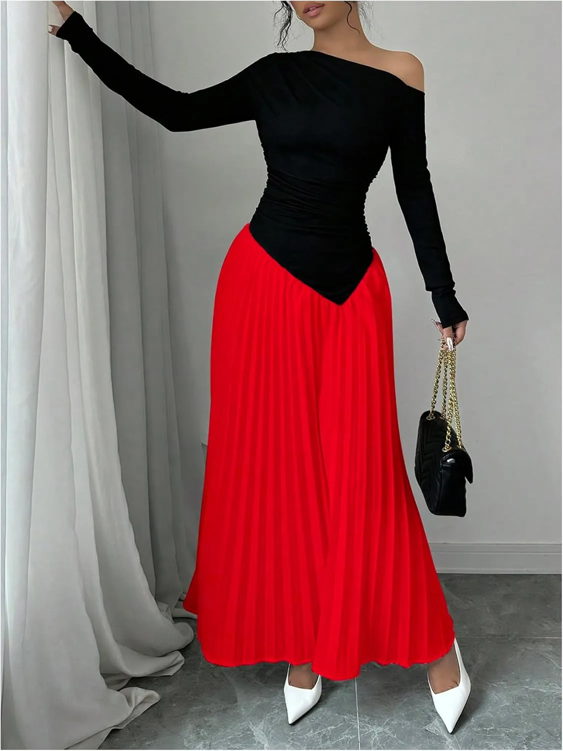 MakeMeChic Women's Elegant One Shoulder Ruched Maxi Dress Pleated Ruffle Hem Fit and Flare Dresses