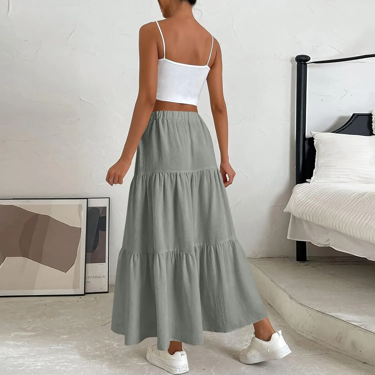 Maxi Skirts for Women 2025 Fashion Boho Long Skirt Summer Beach Swing Ruffle Tiered A-Line Pleated Elastic Waist