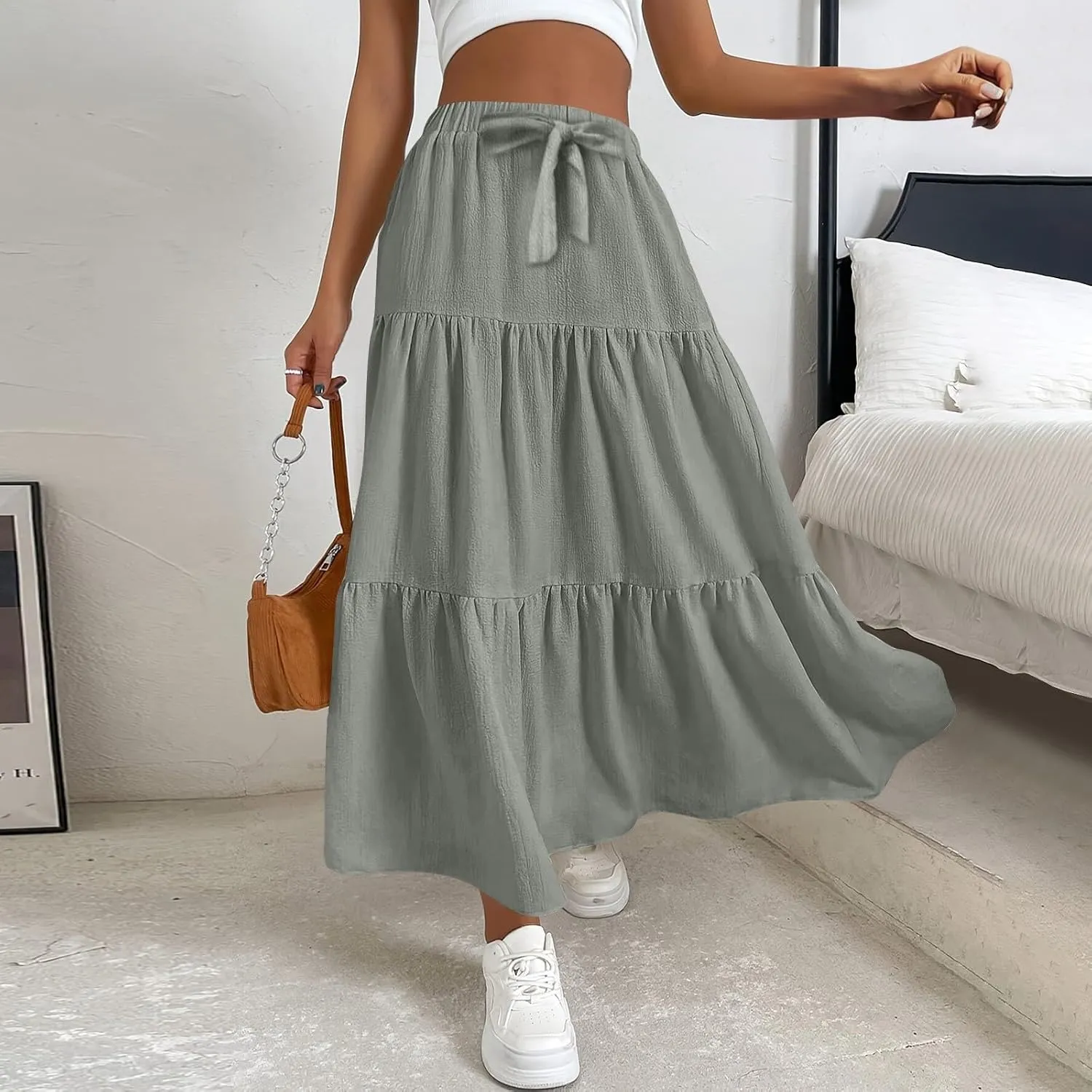 Maxi Skirts for Women 2025 Fashion Boho Long Skirt Summer Beach Swing Ruffle Tiered A-Line Pleated Elastic Waist