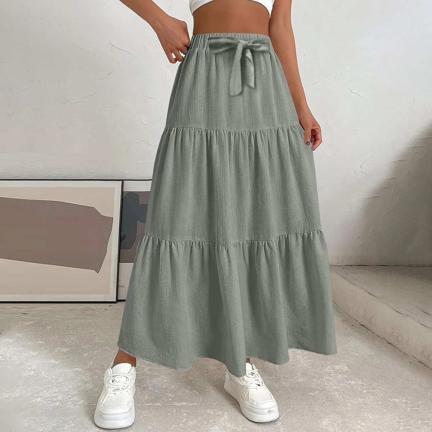 Maxi Skirts for Women 2025 Fashion Boho Long Skirt Summer Beach Swing Ruffle Tiered A-Line Pleated Elastic Waist