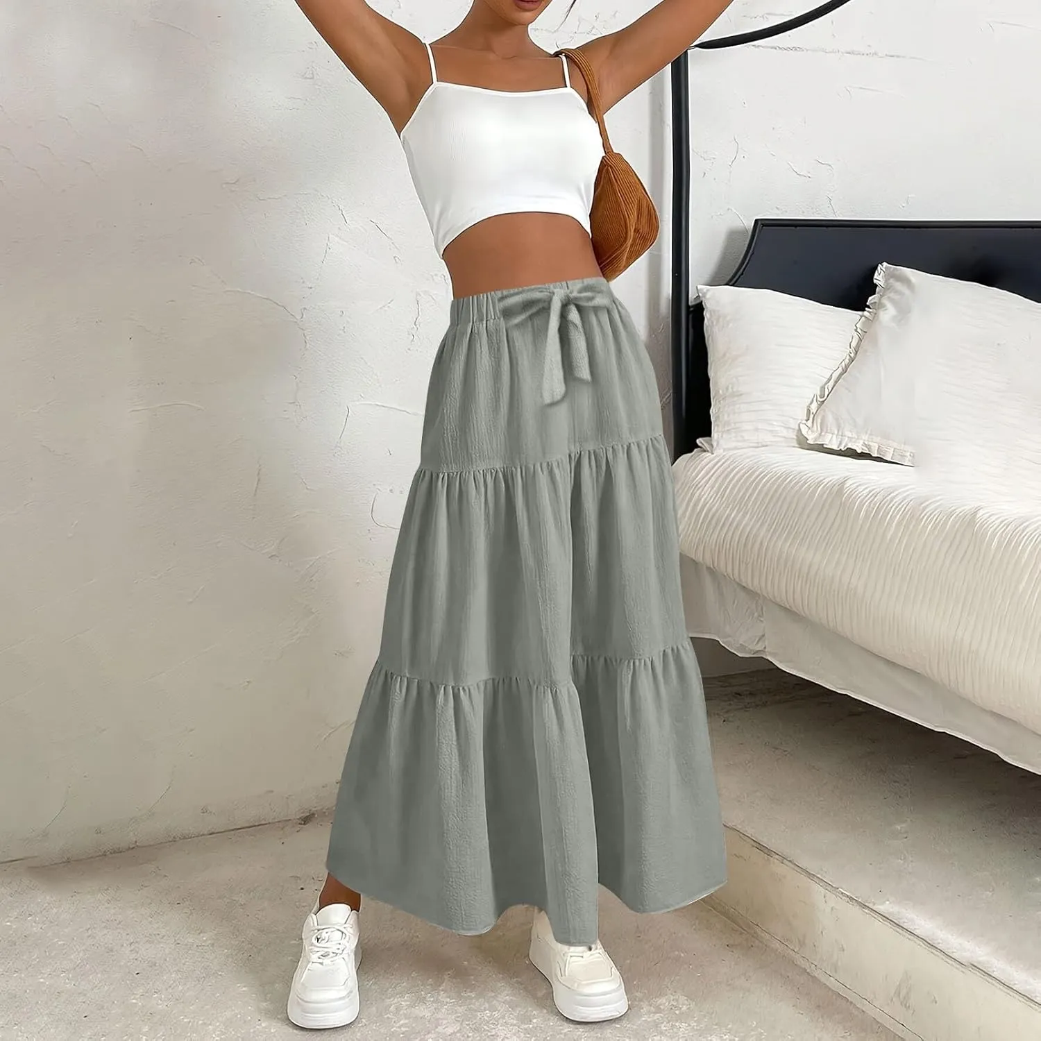 Maxi Skirts for Women 2025 Fashion Boho Long Skirt Summer Beach Swing Ruffle Tiered A-Line Pleated Elastic Waist