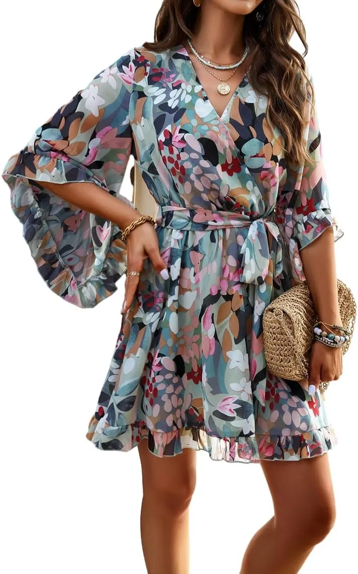 Melliflo Womens Summer Dress Fashion Ruffle Sleeve V Neck Floral Dress Elegant Dresses Mini Dress