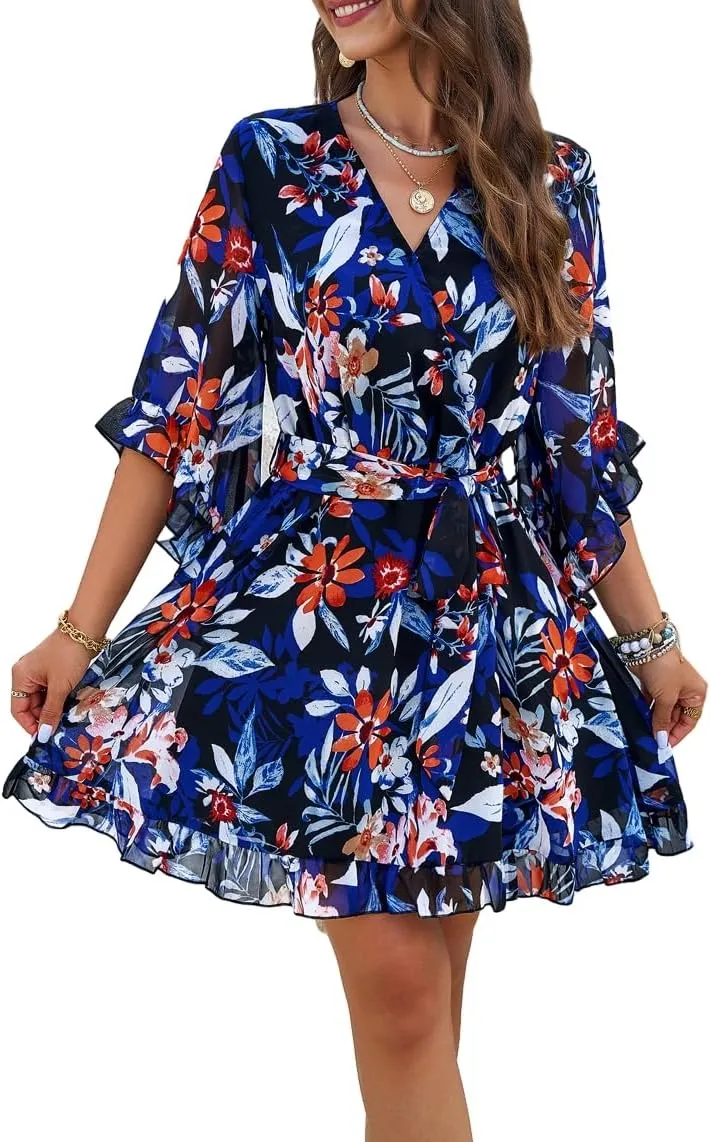 Melliflo Womens Summer Dress Fashion Ruffle Sleeve V Neck Floral Dress Elegant Dresses Mini Dress