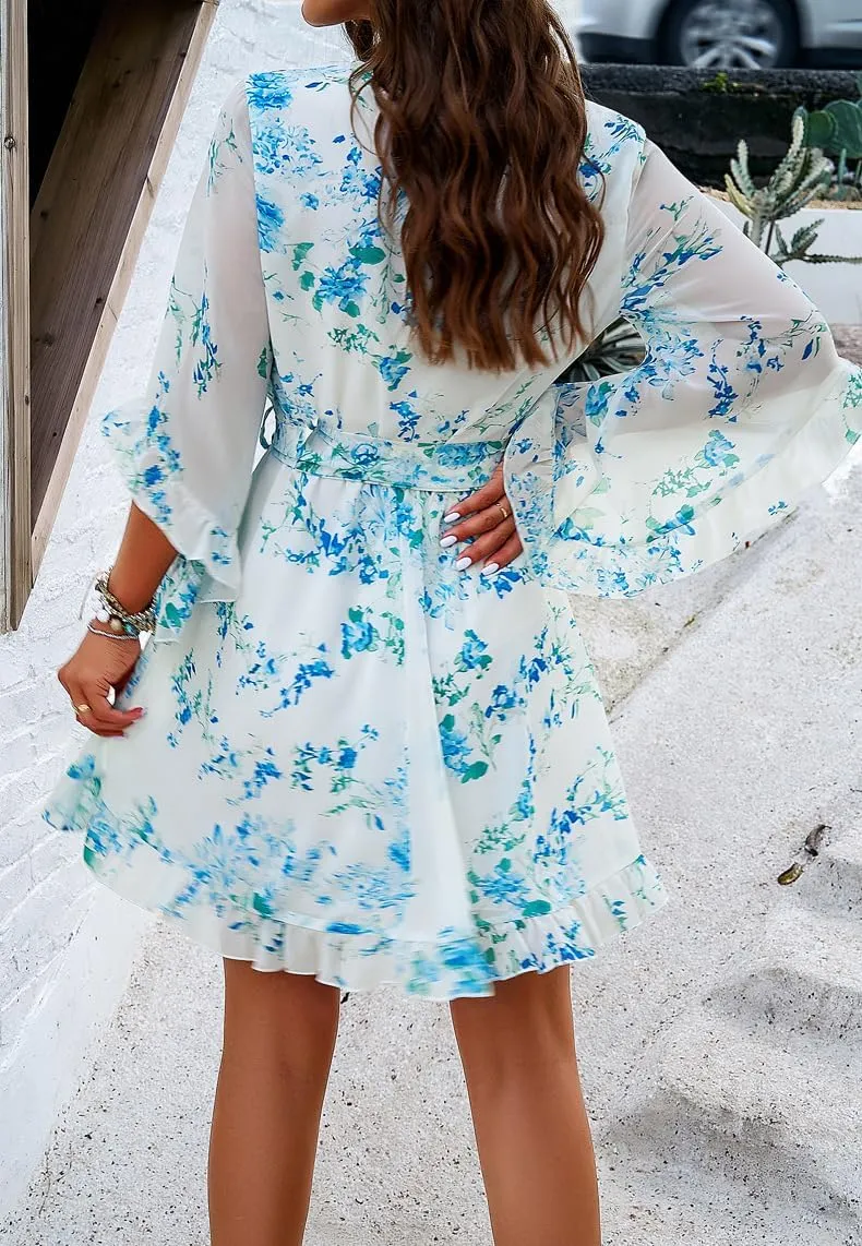 Melliflo Womens Summer Dress Fashion Ruffle Sleeve V Neck Floral Dress Elegant Dresses Mini Dress