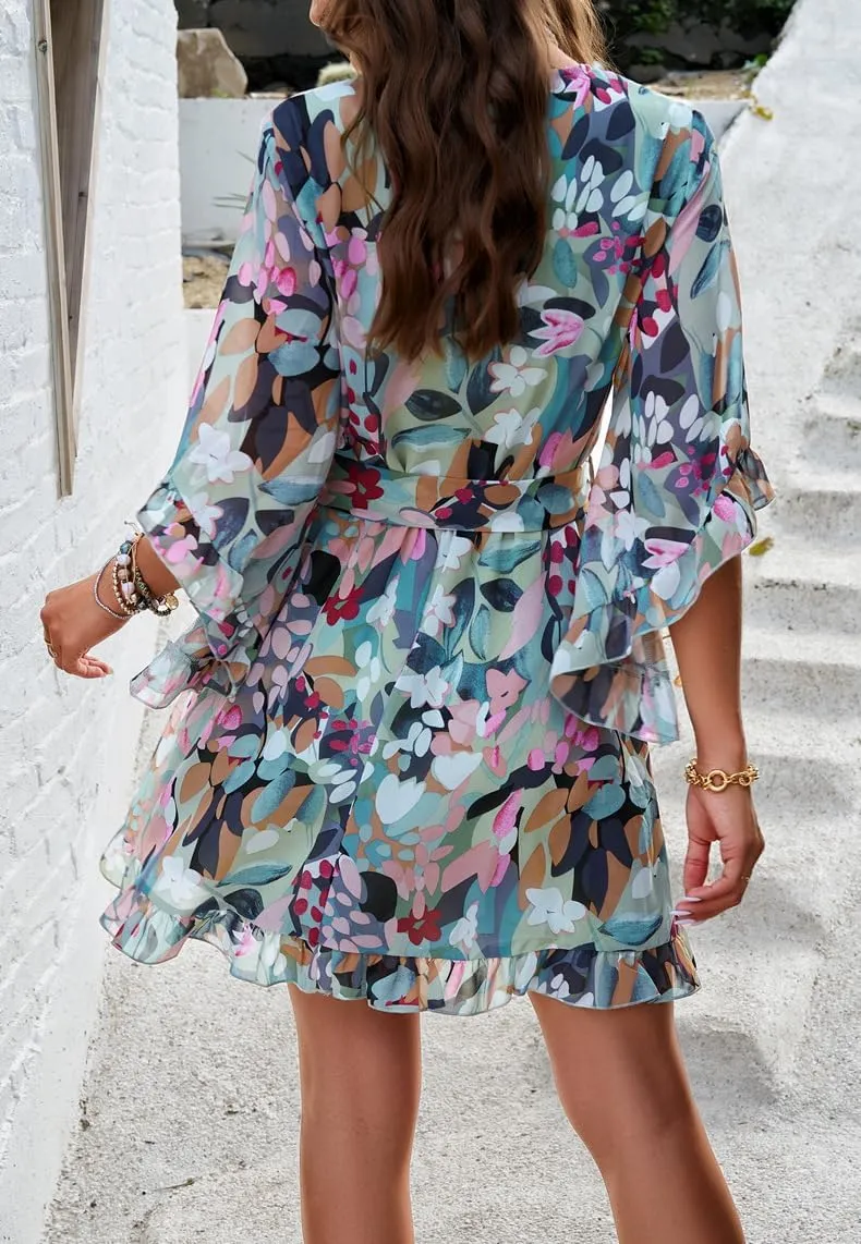 Melliflo Womens Summer Dress Fashion Ruffle Sleeve V Neck Floral Dress Elegant Dresses Mini Dress