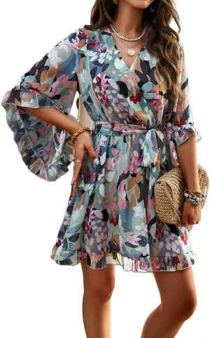 Melliflo Womens Summer Dress Fashion Ruffle Sleeve V Neck Floral Dress Elegant Dresses Mini Dress