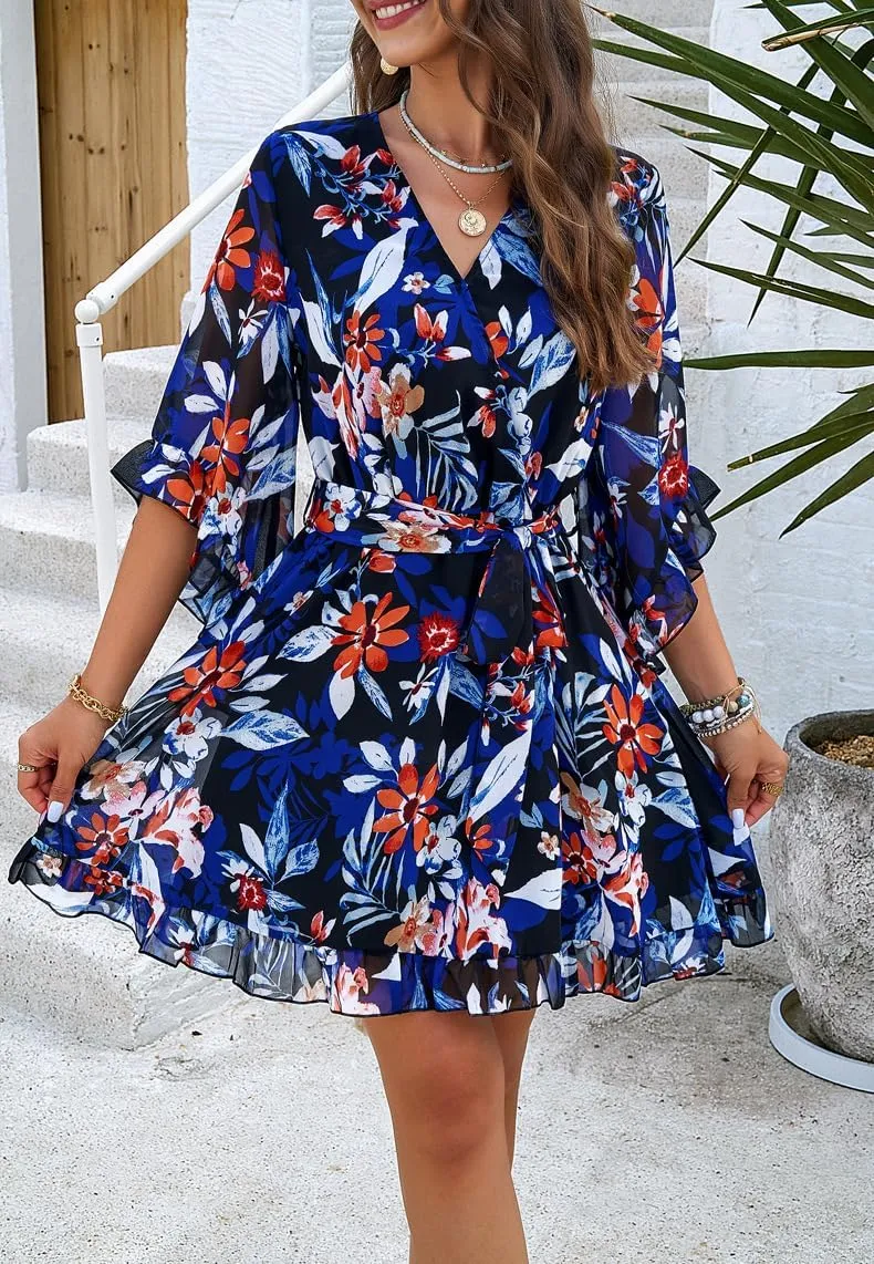 Melliflo Womens Summer Dress Fashion Ruffle Sleeve V Neck Floral Dress Elegant Dresses Mini Dress