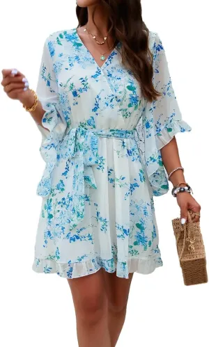 Melliflo Womens Summer Dress Fashion Ruffle Sleeve V Neck Floral Dress Elegant Dresses Mini Dress