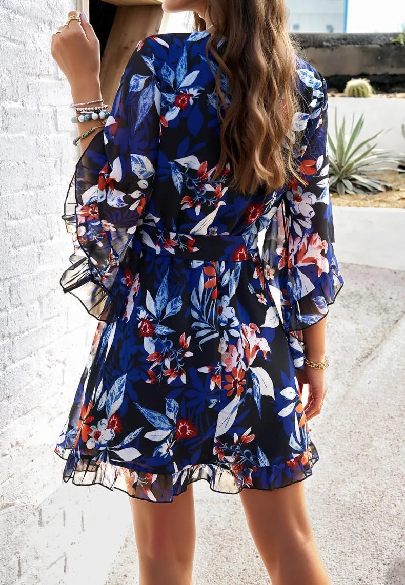 Melliflo Womens Summer Dress Fashion Ruffle Sleeve V Neck Floral Dress Elegant Dresses Mini Dress