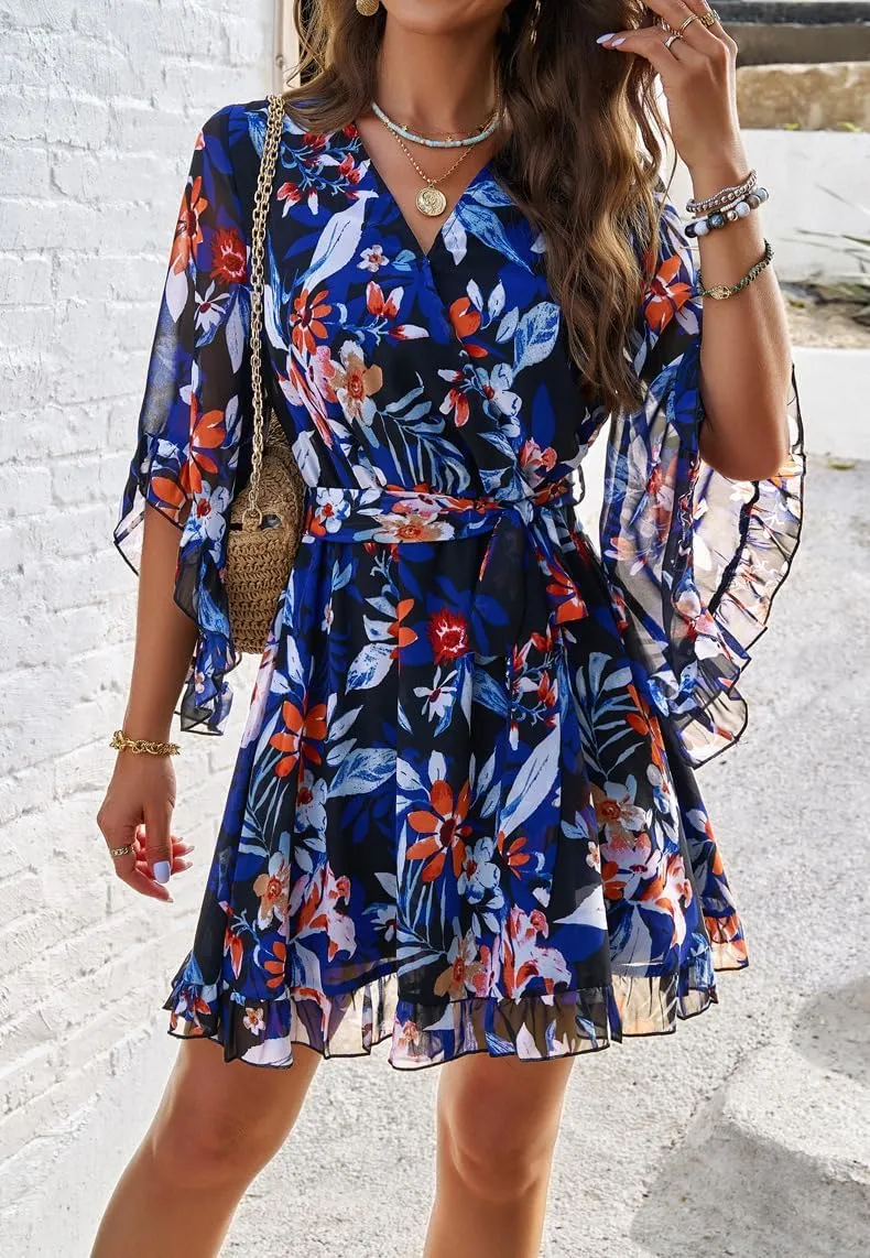 Melliflo Womens Summer Dress Fashion Ruffle Sleeve V Neck Floral Dress Elegant Dresses Mini Dress