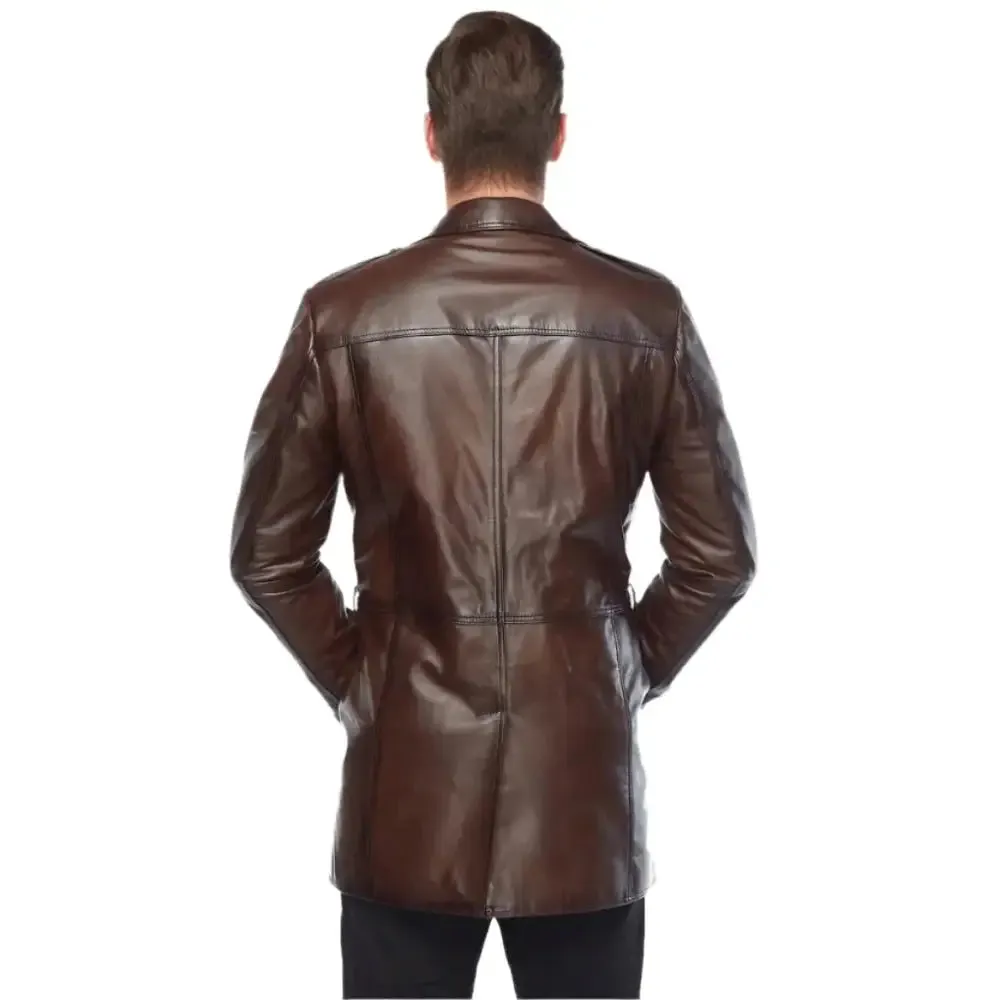 Men's Vintage Brown Leather Trench Coat – Classic & Stylish Outerwear