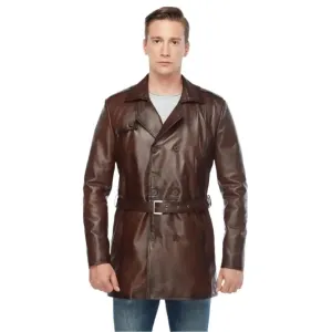 Men's Vintage Brown Leather Trench Coat – Classic & Stylish Outerwear