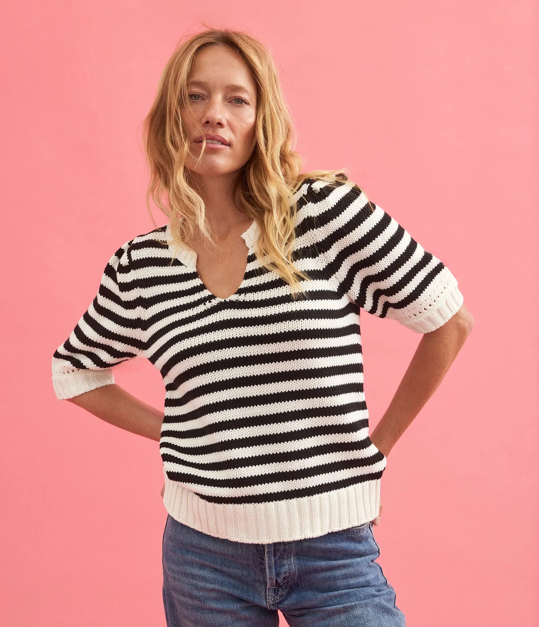 Michael Stars Rosanna Striped Puff Sleeve Sweater in Black
