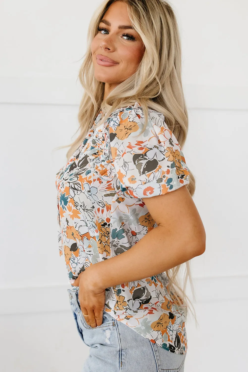 Milena Split V Neck Puff Sleeve Flower Print Blouse by Threaded Pear