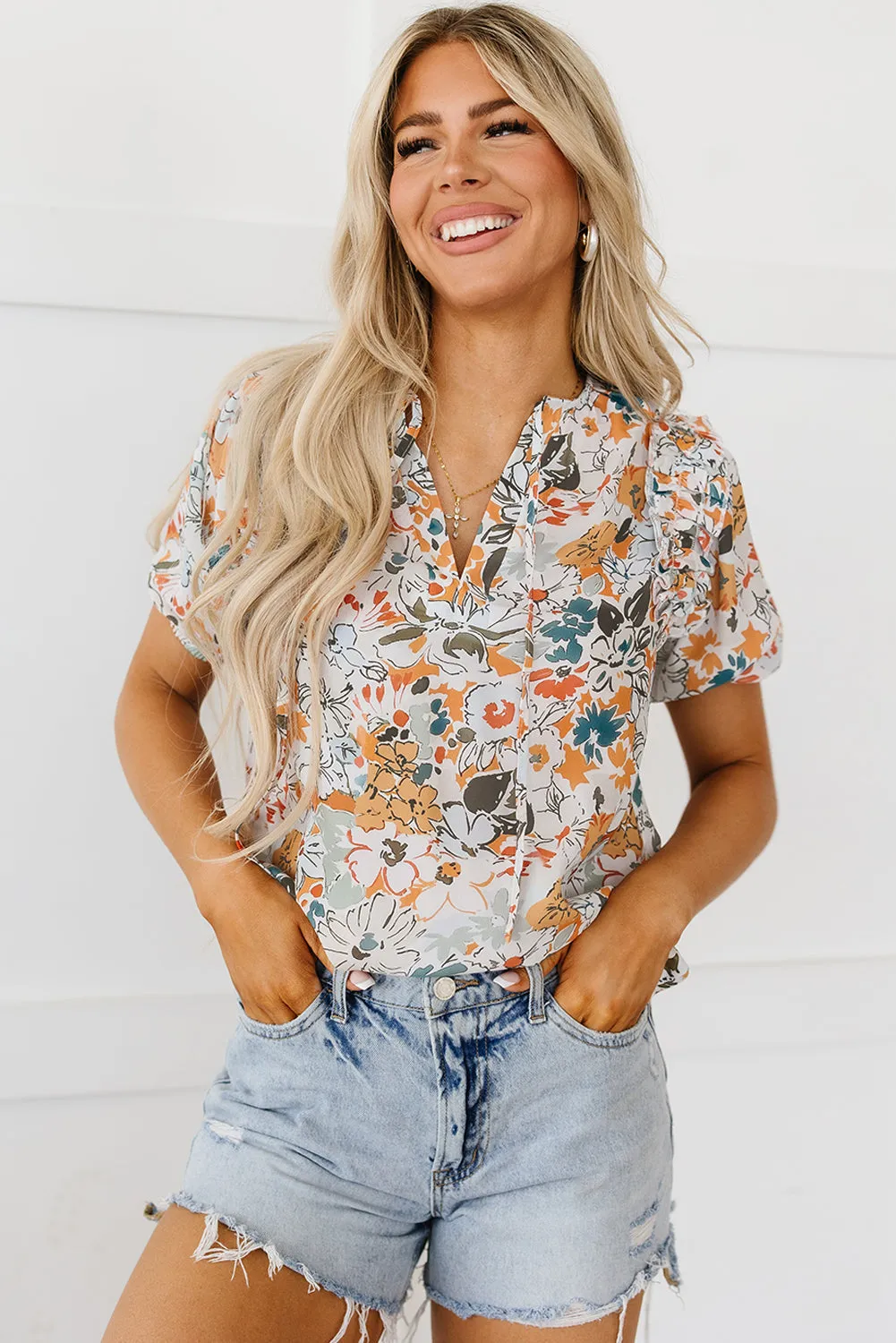 Milena Split V Neck Puff Sleeve Flower Print Blouse by Threaded Pear