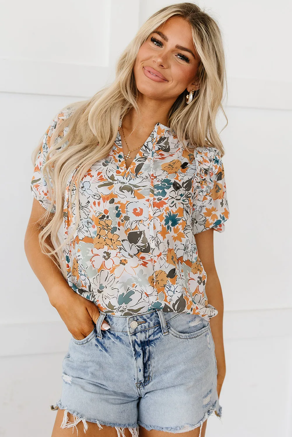 Milena Split V Neck Puff Sleeve Flower Print Blouse by Threaded Pear