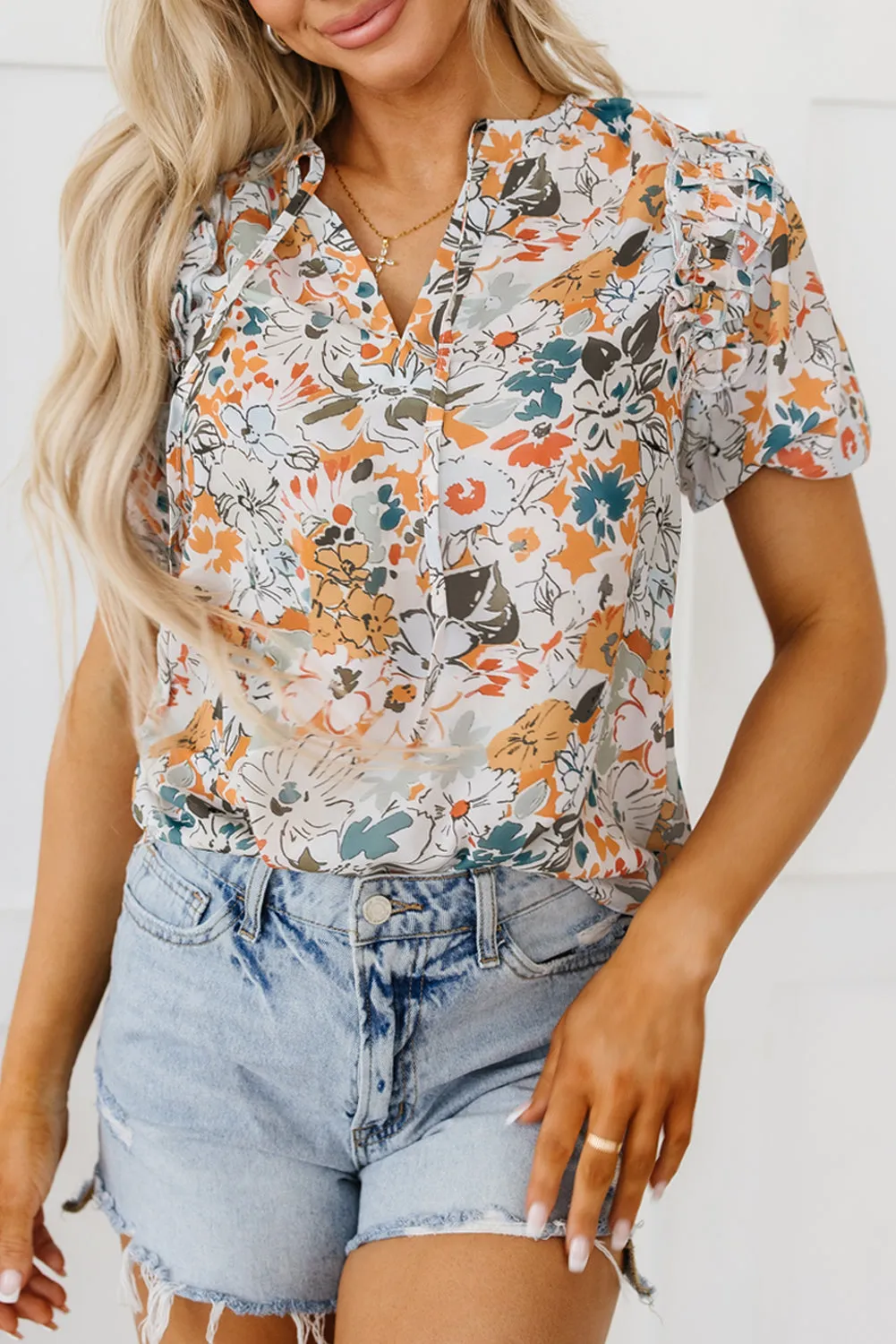 Milena Split V Neck Puff Sleeve Flower Print Blouse by Threaded Pear