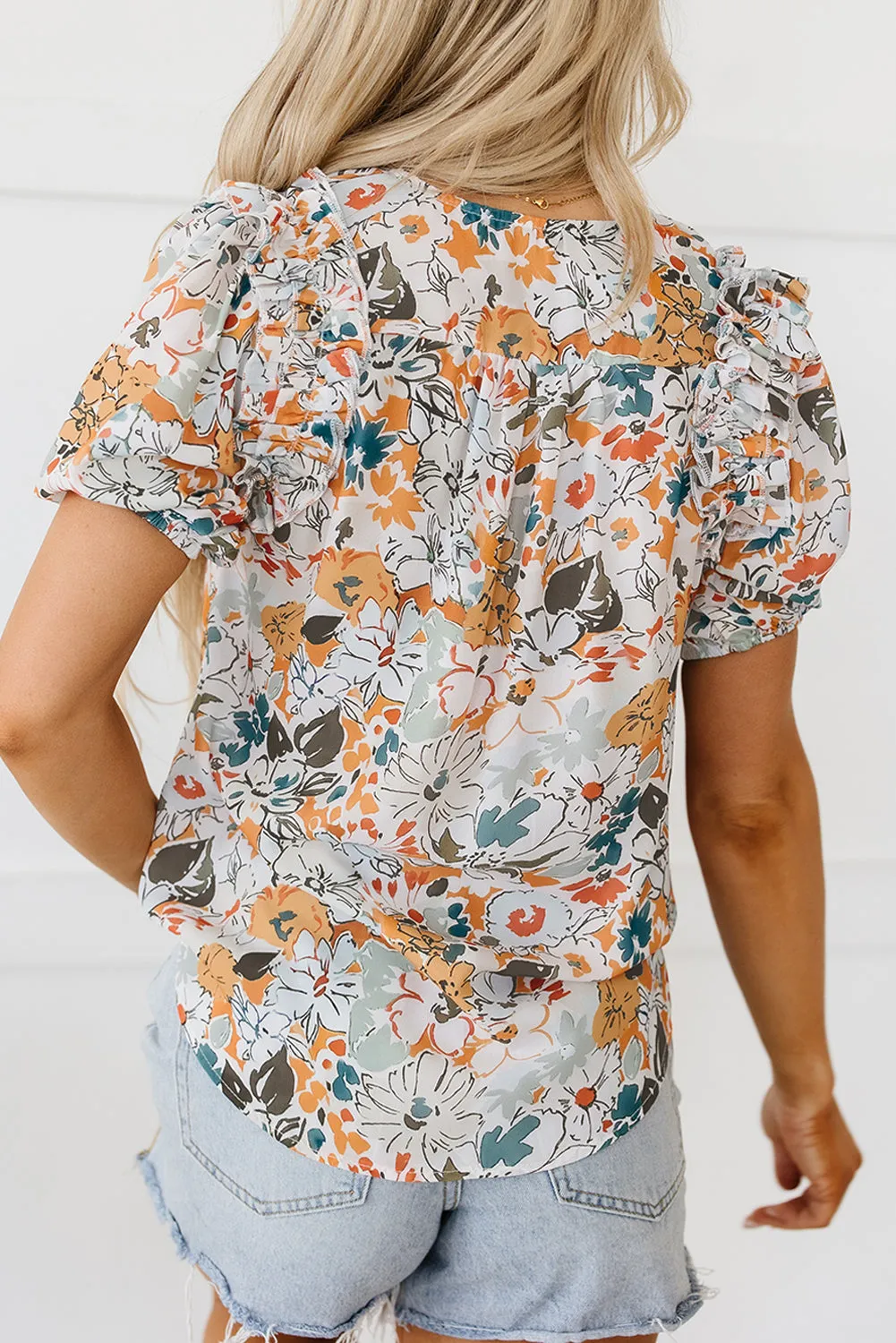 Milena Split V Neck Puff Sleeve Flower Print Blouse by Threaded Pear