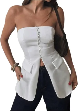 Milumia Women's Strapless Button Decor Tube Top Split Hem Blazer Elegant Bandeau Tops Office Wear