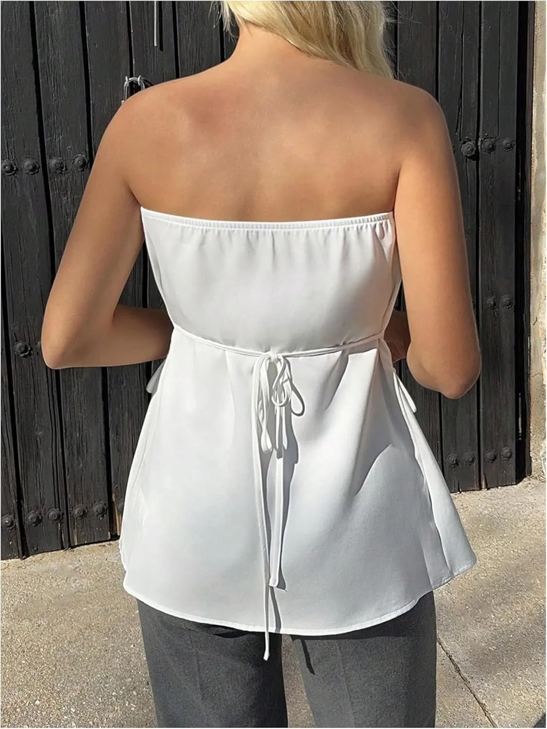 Milumia Women's Strapless Button Decor Tube Top Split Hem Blazer Elegant Bandeau Tops Office Wear