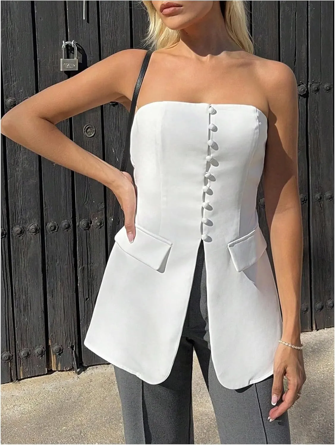 Milumia Women's Strapless Button Decor Tube Top Split Hem Blazer Elegant Bandeau Tops Office Wear