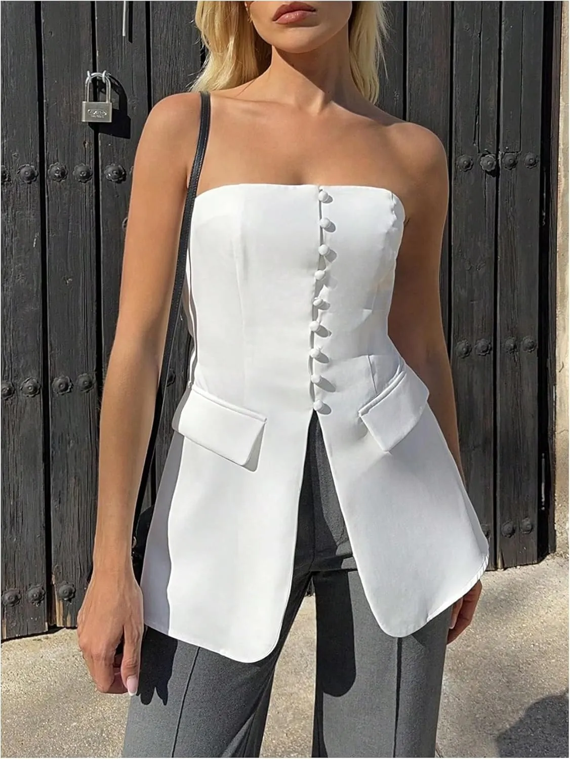 Milumia Women's Strapless Button Decor Tube Top Split Hem Blazer Elegant Bandeau Tops Office Wear
