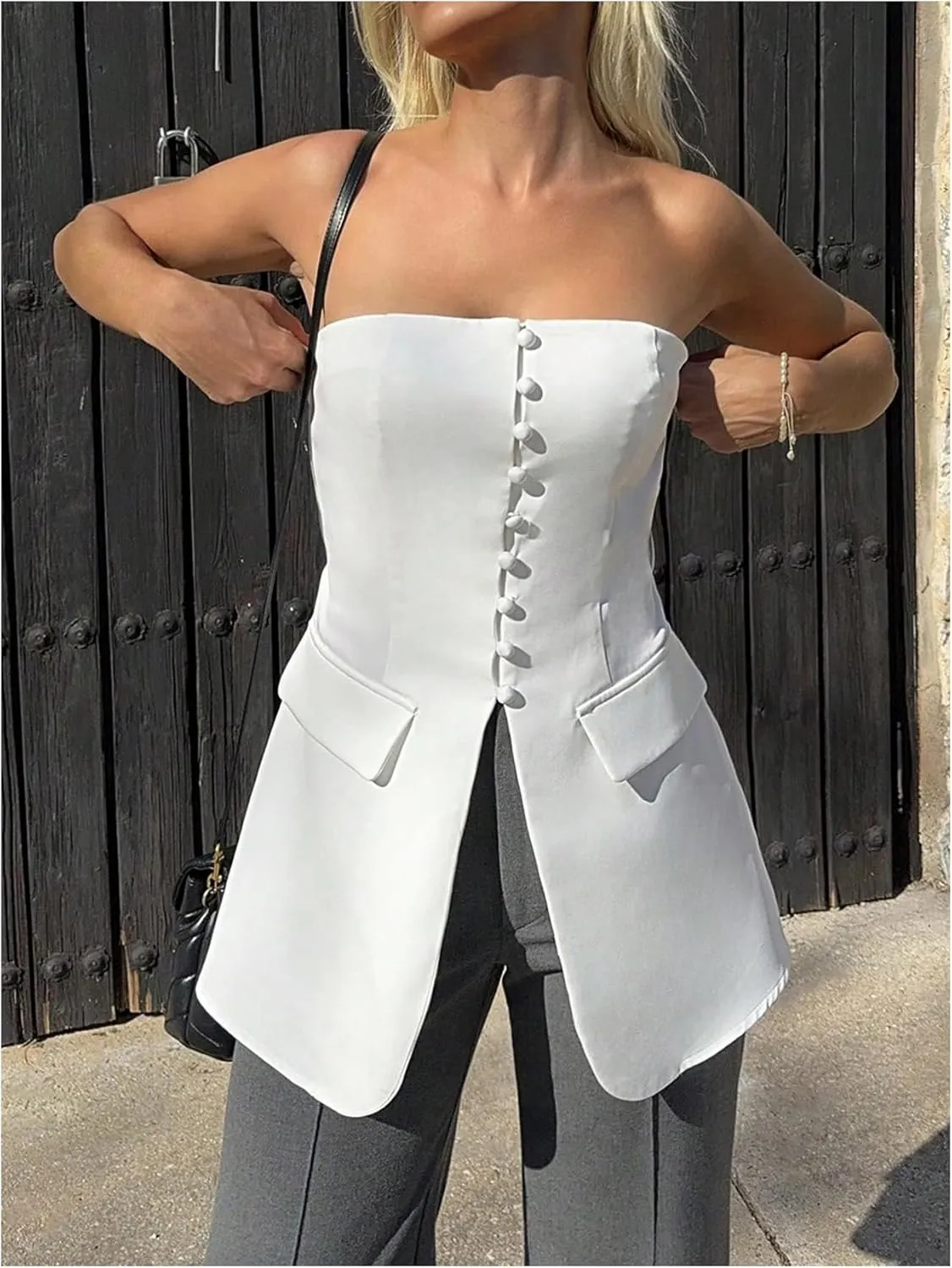 Milumia Women's Strapless Button Decor Tube Top Split Hem Blazer Elegant Bandeau Tops Office Wear