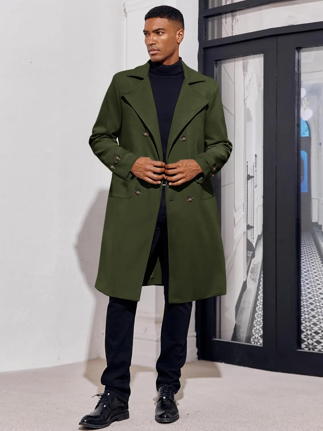 MNCEGEER Men's Trench Coat Notch Lapel Double Breasted Casual Cotton Blend Peacoat