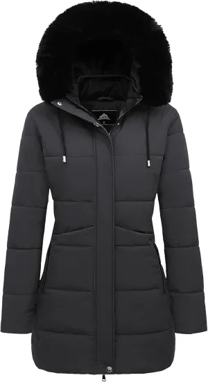 MOERDENG Women's Winter Puffer Coat Thicken Fleece Lined Down Jacket Waterproof Faux Fur Detachable Hooded Parka