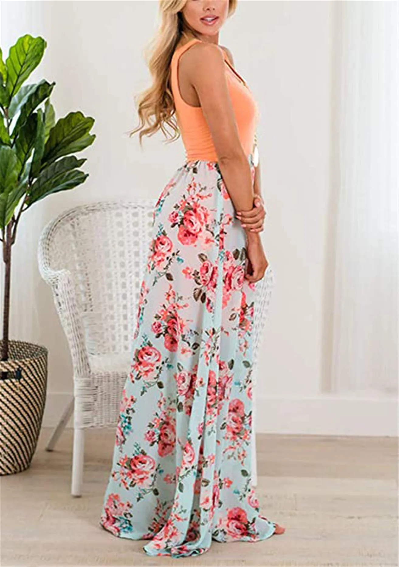 Mom Girl Botanical Prints Floor Length Matching Dress