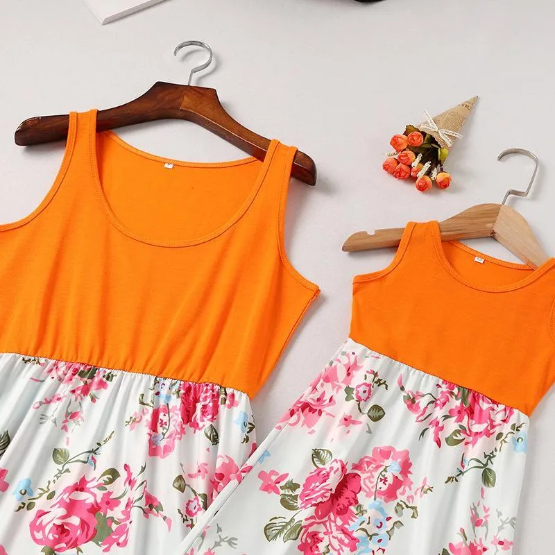 Mom Girl Botanical Prints Floor Length Matching Dress