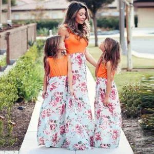 Mom Girl Botanical Prints Floor Length Matching Dress