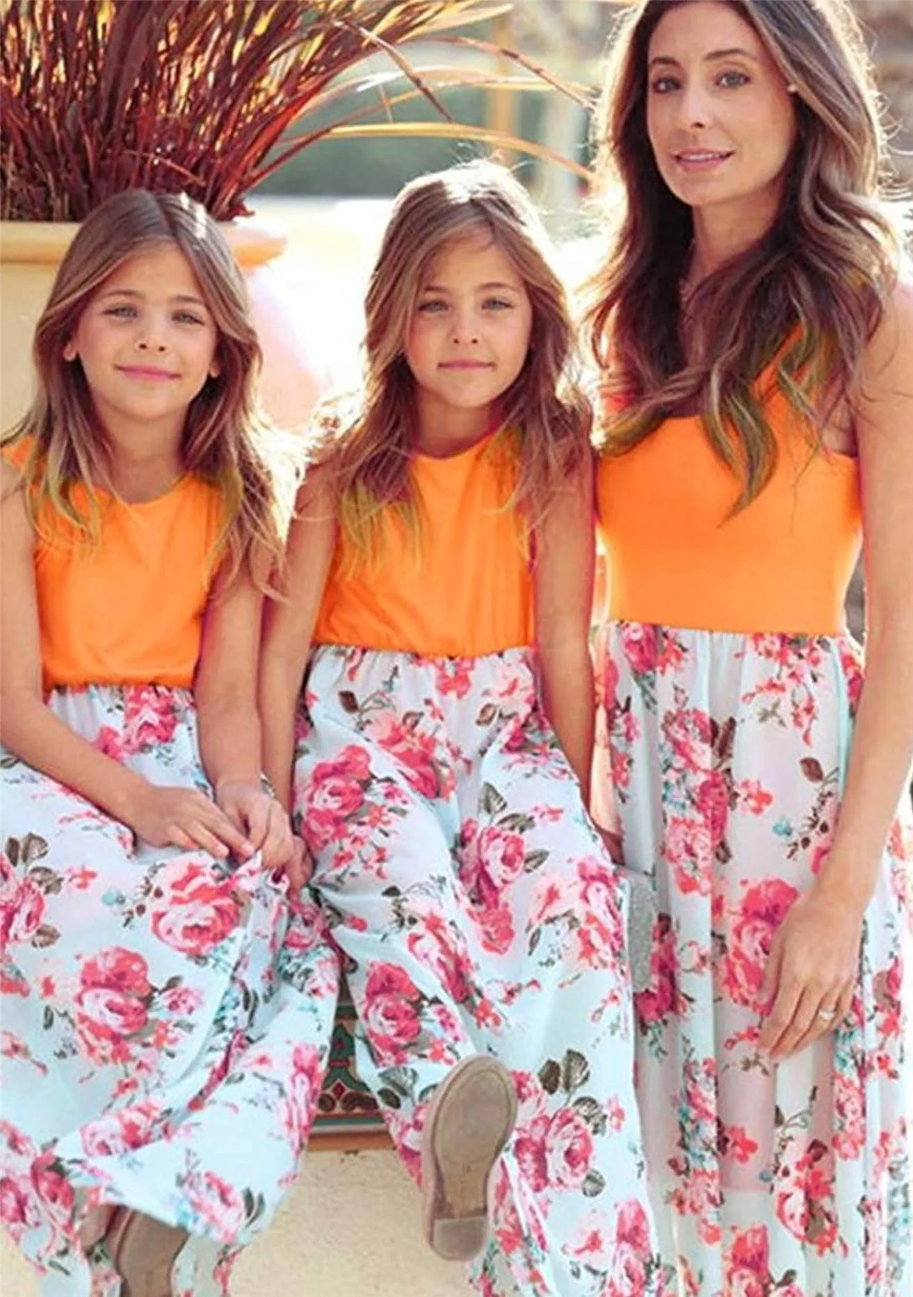 Mom Girl Botanical Prints Floor Length Matching Dress