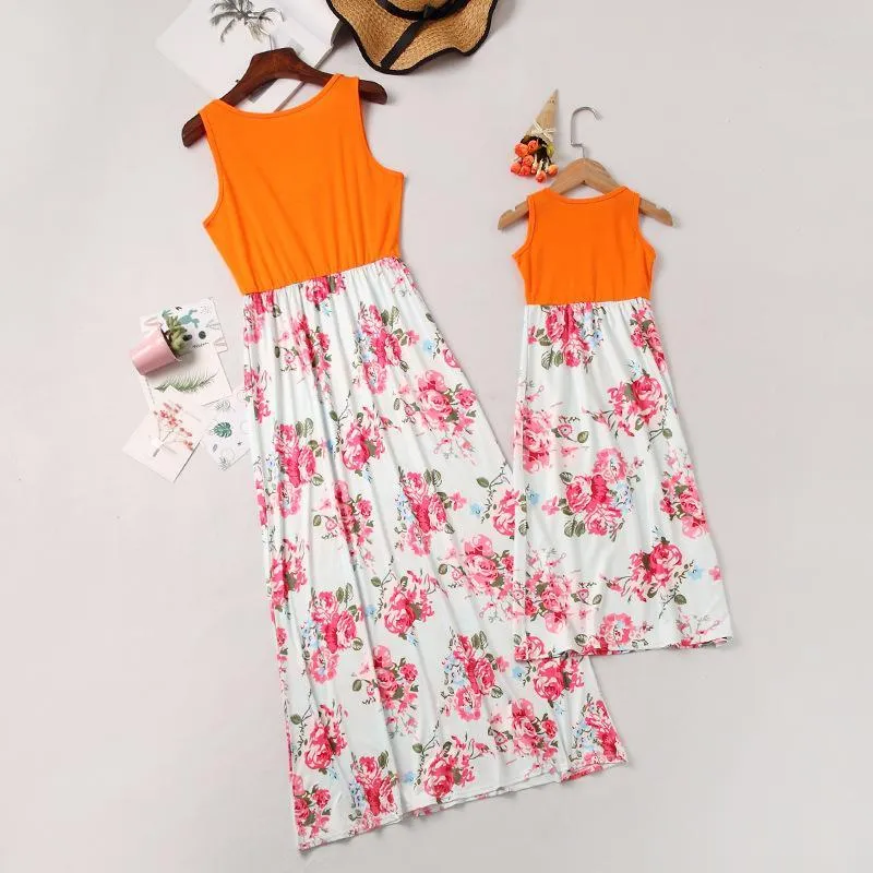 Mom Girl Botanical Prints Floor Length Matching Dress