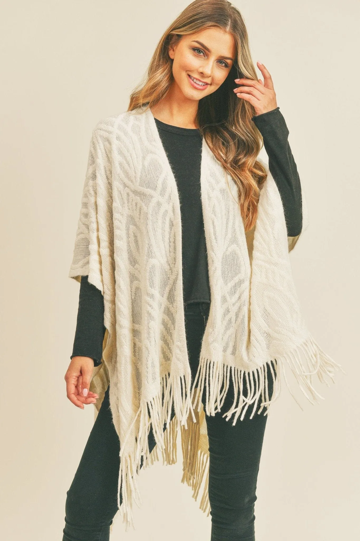 MS0270 Embossed Pattern Fringe Ruana
