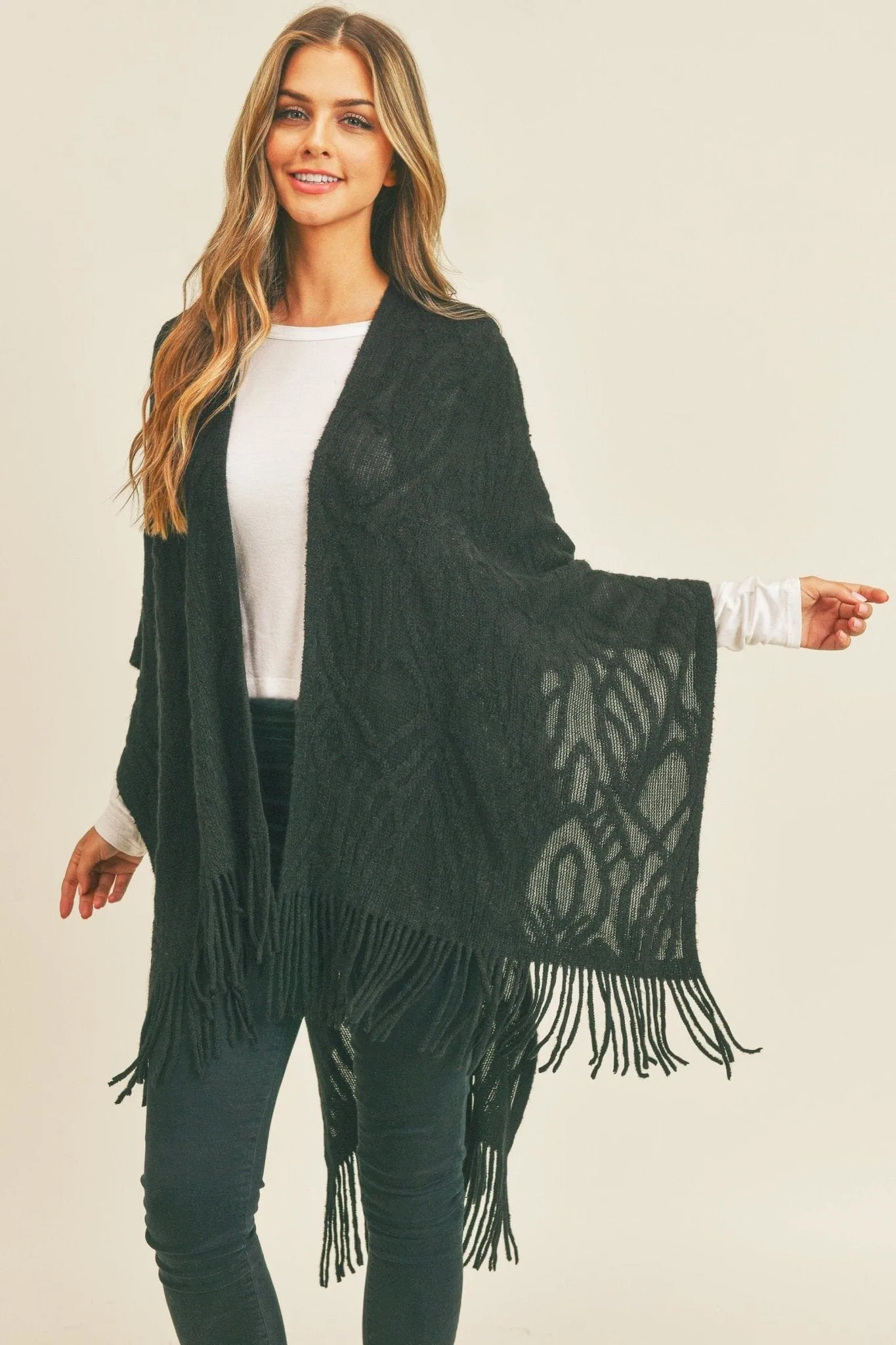 MS0270 Embossed Pattern Fringe Ruana