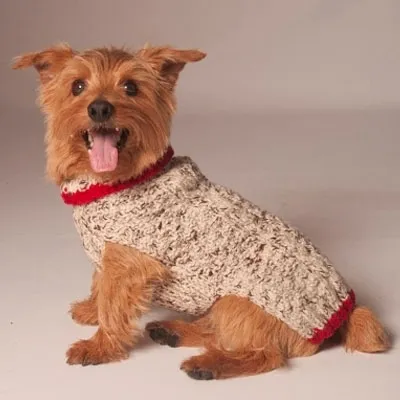 OATMEAL W/RED TRIM CABLE KNIT DOG SWEATER