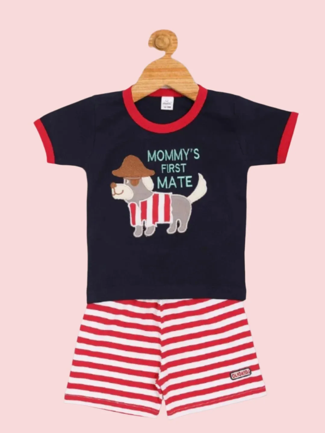 Olio Kids Boy’s Navy Blue T-Shirt and Red Striped Shorts