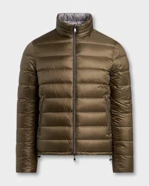 Olive And Silver Reversible Puffer Jacket