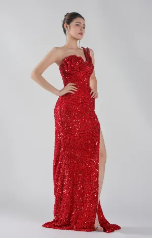 One-Shoulder 3D Rose Design Neckline High Slit Dresses